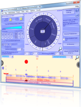 Tempo dial, bouncing ball display and time signature preset buttons - shows 6/8, screen shot of Bounce Metronome