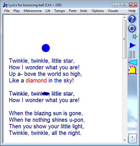 Ball bouncing on lyrics of Twinkle, twinkle, little star - one frame, just after bounce on "diamond"