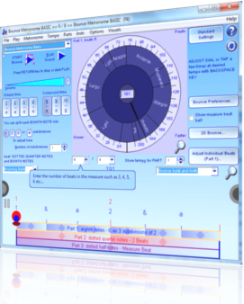 Tempo dial, bouncing ball display and time signature preset buttons - shows 6/8, screen shot of Bounce Metronome