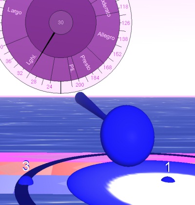 Tempo dial, bouncing ball display and time signature preset buttons - shows 6/8, screen shot of Bounce Metronome