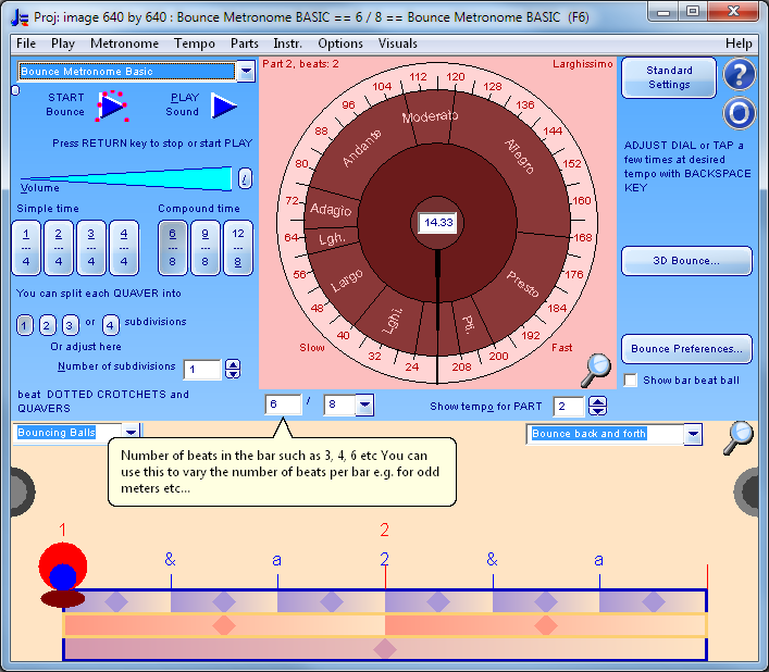 Main window with time signautre buttons for 1/4, 2/4, 3/4, 4/4, 6/8, 9/8 and 12/8, sub-beats button, tempo dial and bouncing balls display
