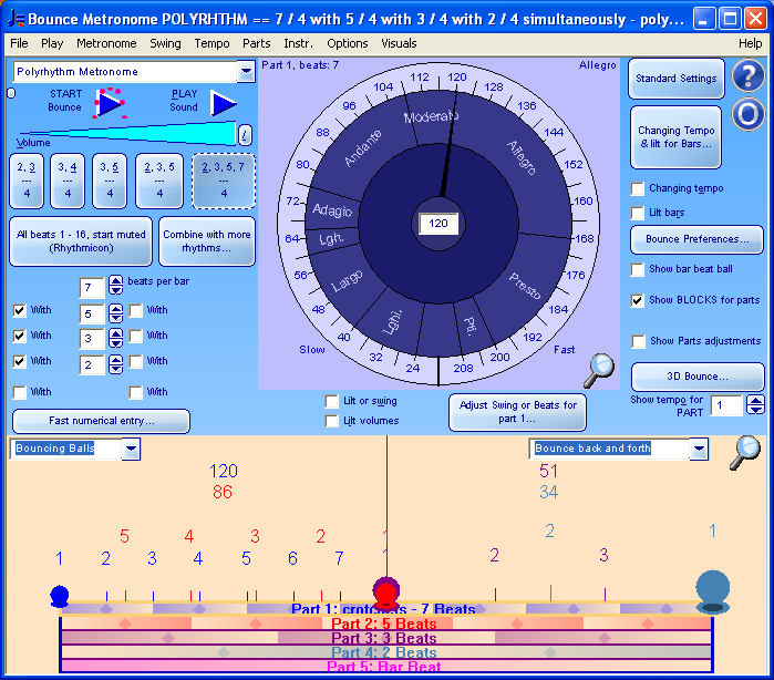 Main window set up to play 2 3 5 and 7 beats per bar simultaneously with split display for the 2 and 3 in right half and 5 with 7 in left half of the bouncing balls display